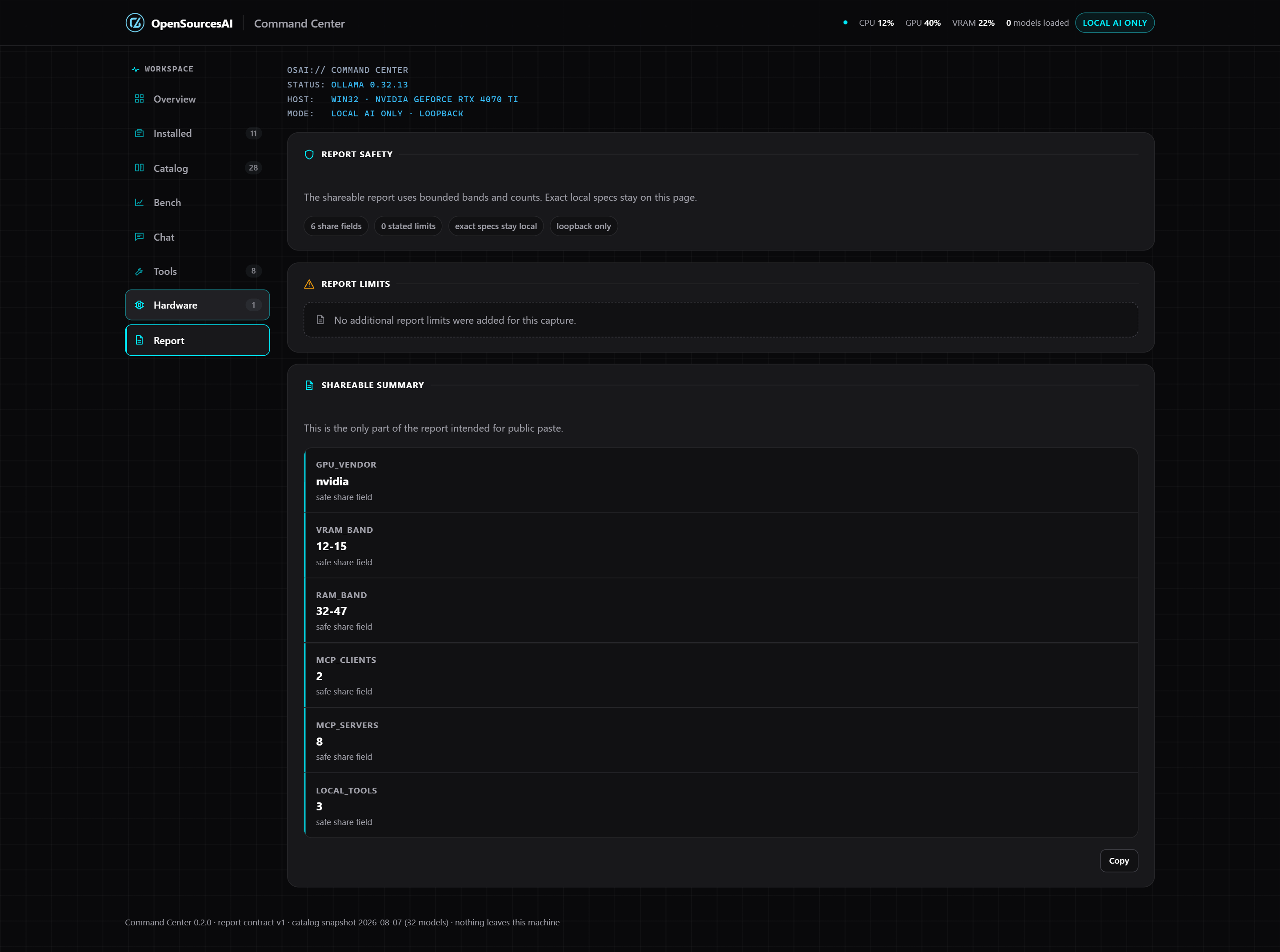 Command Center Report view. A report-safety panel states that the shareable report uses bounded bands and counts while exact local specs stay on the page, with chips reading 6 share fields, 0 stated limits, exact specs stay local, and loopback only. Below it, a shareable summary labelled as the only part intended for public paste lists GPU_VENDOR nvidia, VRAM_BAND 12-15, RAM_BAND 32-47, and MCP and local-tool counts — each marked a safe share field.
